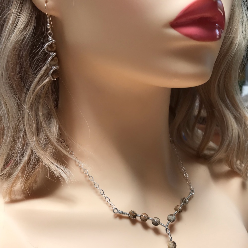Jewelry Set- Picture Jasper Sterling Silver Necklace and Earring Set- Statement - Picture 5 of 11